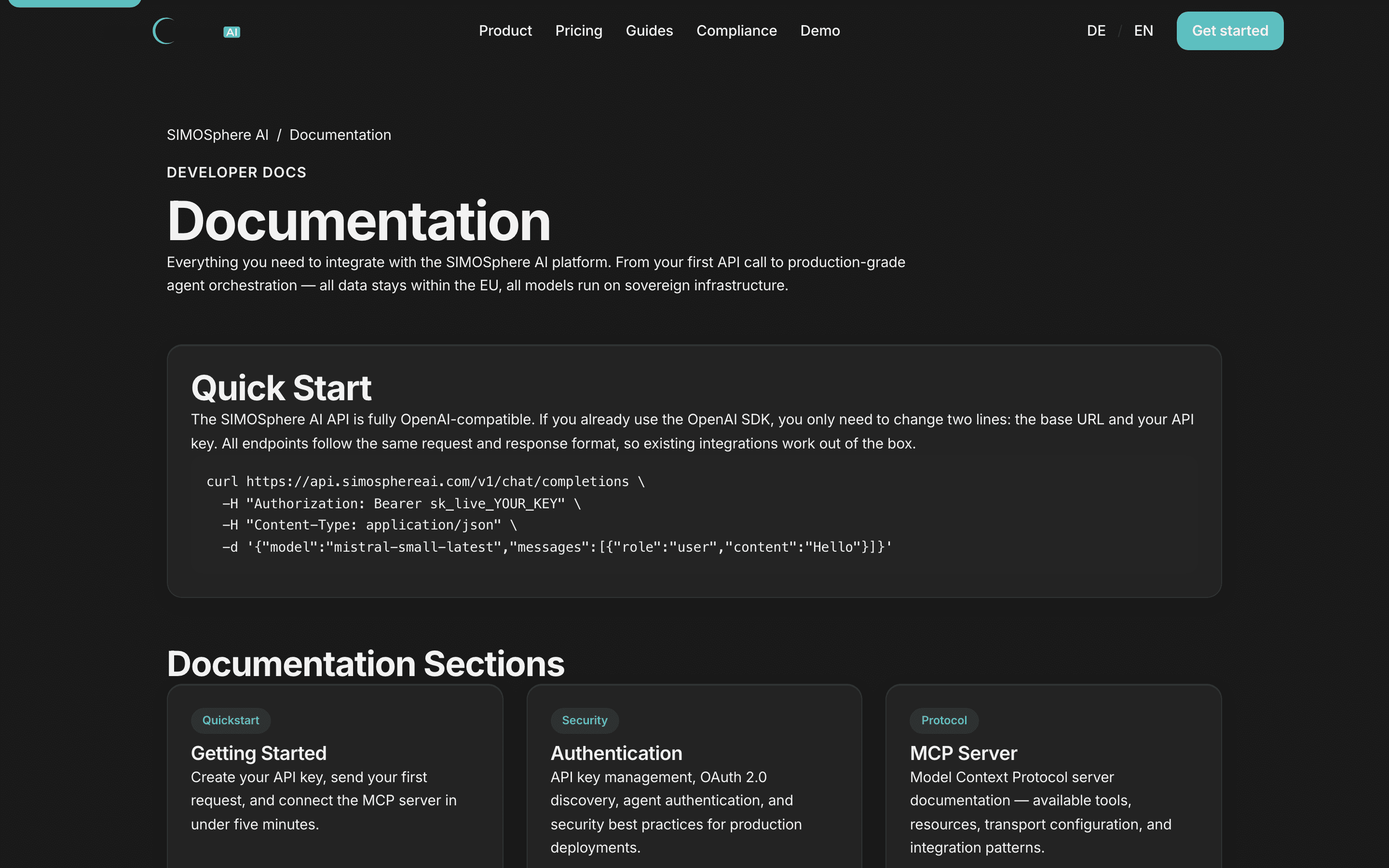 SIMOSphere AI Dokumentationsseiten mit Getting-Started-Guides