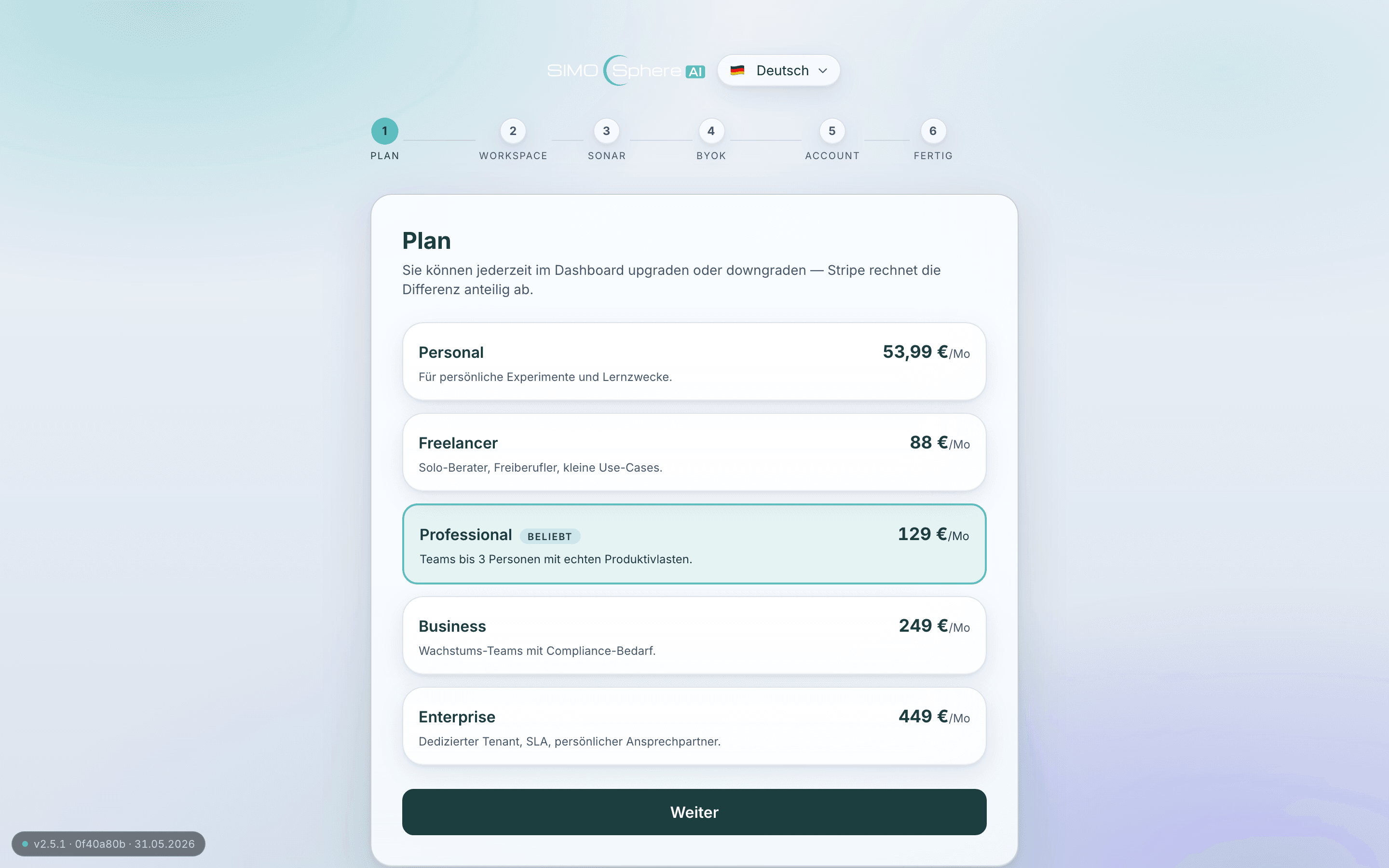 SIMOSphere AI Registrierungsformular mit schnellem Onboarding-Prozess